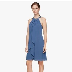 SLNY Blue Embellished Halter Mini Dress